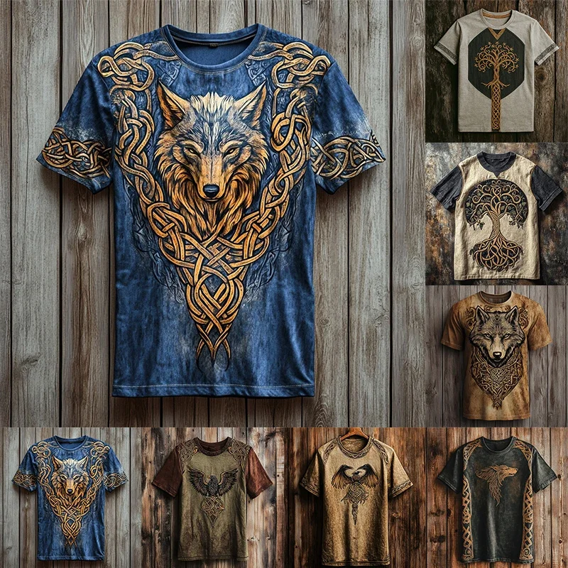 Retro Men's Short-Sleeve T-Shirt Wolf King Print Casual Oversized Summer Top Digital 3D Effect Polyester Crew Neck T-Shirt