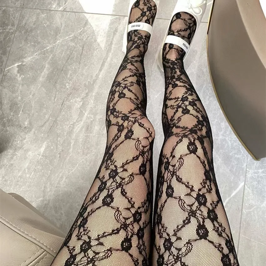 2026 New Women Floral Lace Hollow Out Footless Tights High Stretch Thin Rose Leggings Slim Breathable Casual Summer Daily Wear