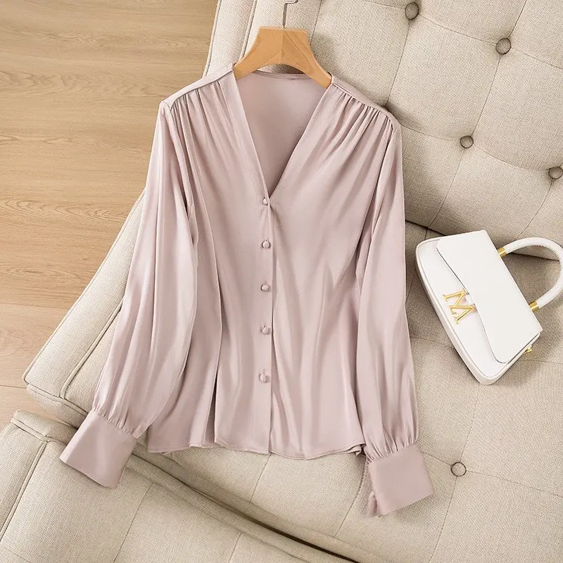 

Women Long Sleeve Shirt 93% Natural Silk 7% Spandex Pink Color V Neck Buttons Down Top Blouse Work Office Lady M L XL QQ069