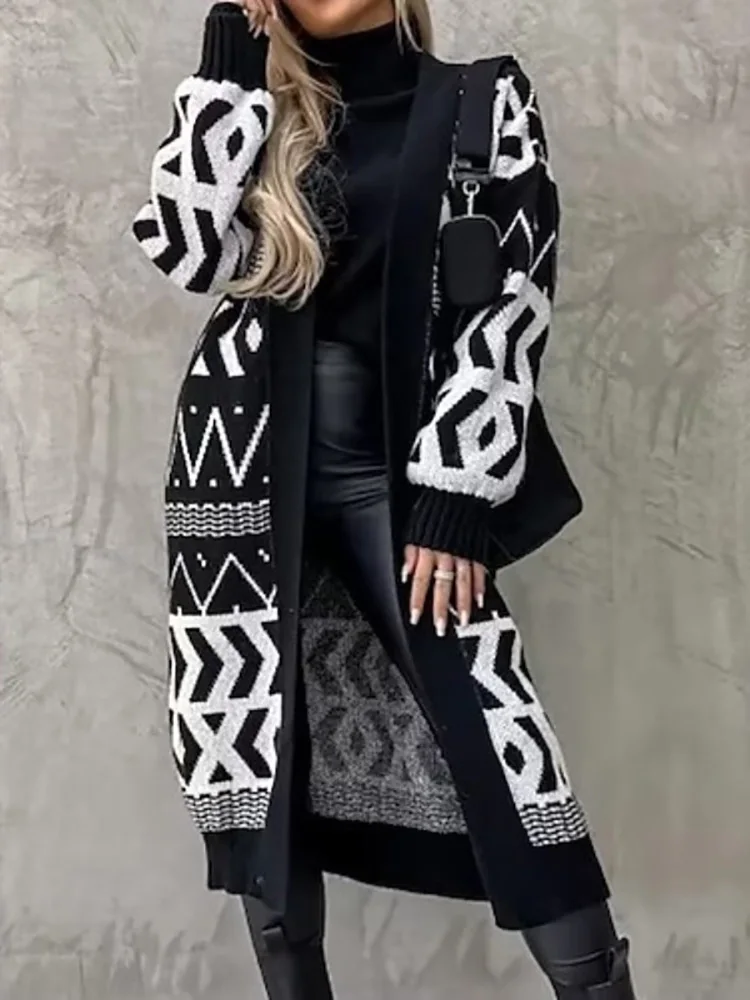 

Autumn Winter Loungewear Women Long Cardigan Coats Print Loose Straight V-Neck Patchwork Ladies Sweaters Streetwear Dropshipping