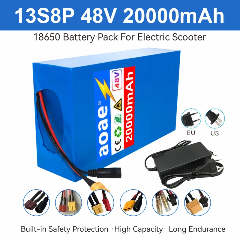 Batterie de scooter électrique 48V 13S8P 20Ah, cellules 18650 de qualité A, 2000W, BMS intégré, XT60 JST, haute capacité, longue portée, sûre et durable