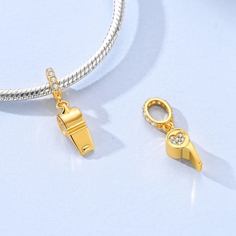 

925 Sterling Silver Sparkling CZ Zircon Golden Whistle Charms Pendant Fit 3mm Original Bracelet DIY Women Party Jewelry Gifts