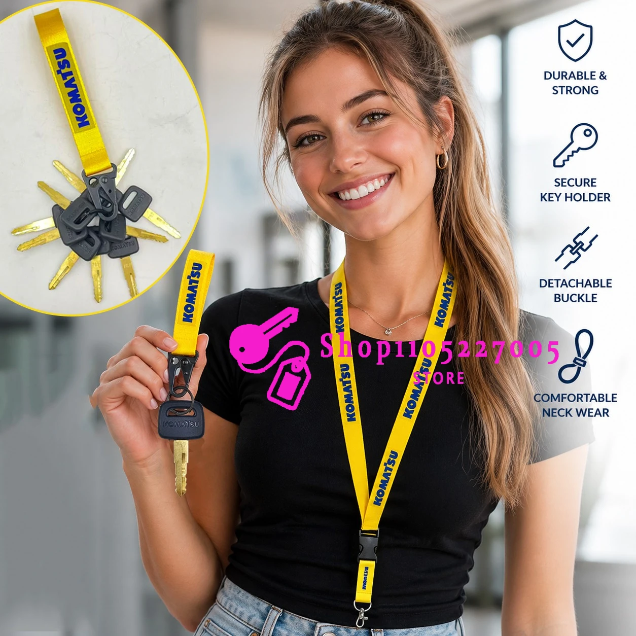 10/5/2PCS Komatsu 787 Key with Lanyard for Heavy Equipment Black Handle Key Excavator Bulldozer Loader Backhoe Starter Key Chain