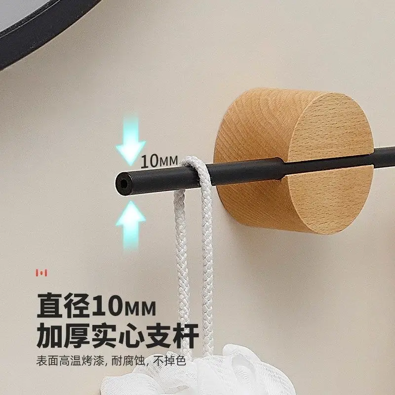 Wooden Base Black Towel Rack 10MM Thick Solid Rod Wall Mounted Bathroom Hardware Rustproof High Temperature Paint Towel Bar for