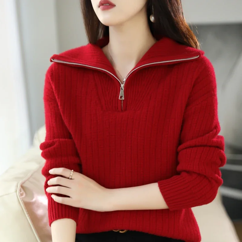 Autumn and winter new half-open zipper turtleneck 100% wool sweater women's pullover loose look slim knit sweater