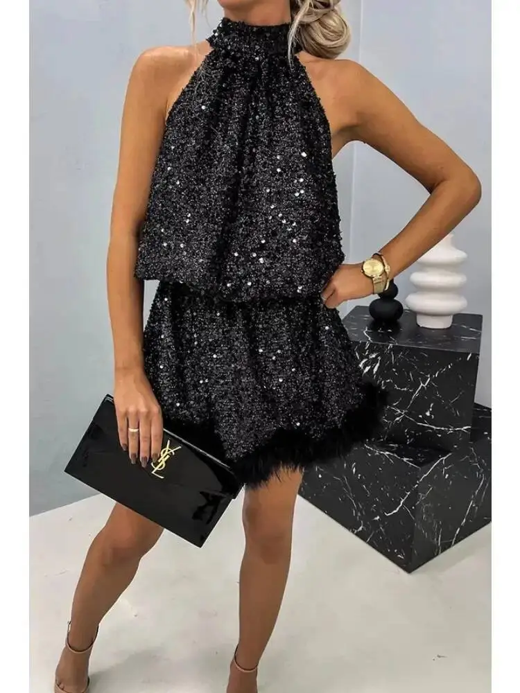 

Women's Spring/Summer Party Sequin Hanging Neck Dress Fashion Lace Up Sleeveless Dress Elegant Solid Color Versatile Dress