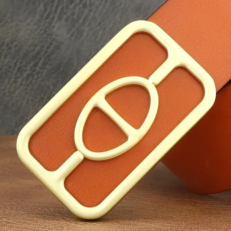 メンズ向けおしゃれな純革ベルト-カジュアルスムースバックル-ジーンズ用ウエストベルト-トレンドフラットバックルレザーベルト