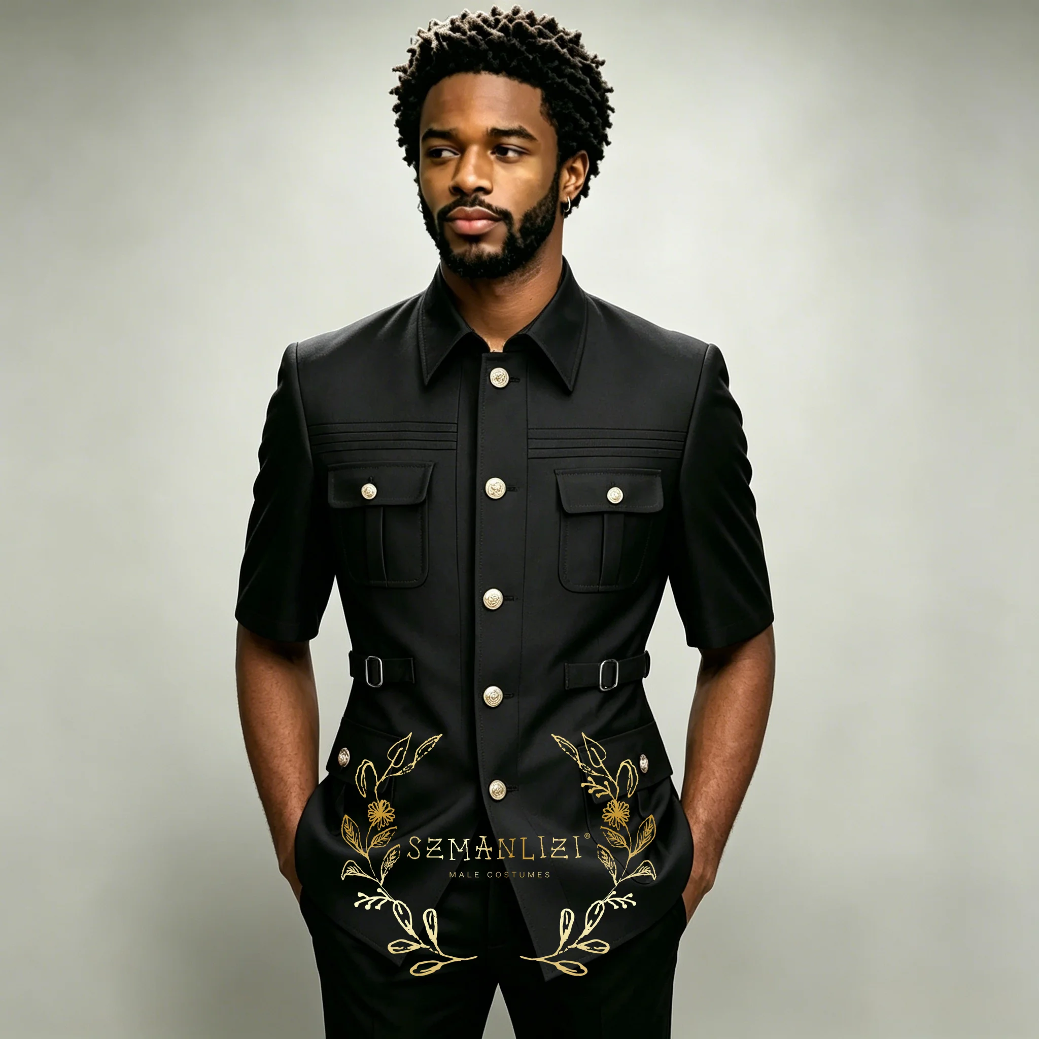 

Fashion Men Suits Sets Stand Collar Black Slim Fit Blazer Pants 2 Pieces Formal Short Sleeves Male Party Wedding Tuxedos