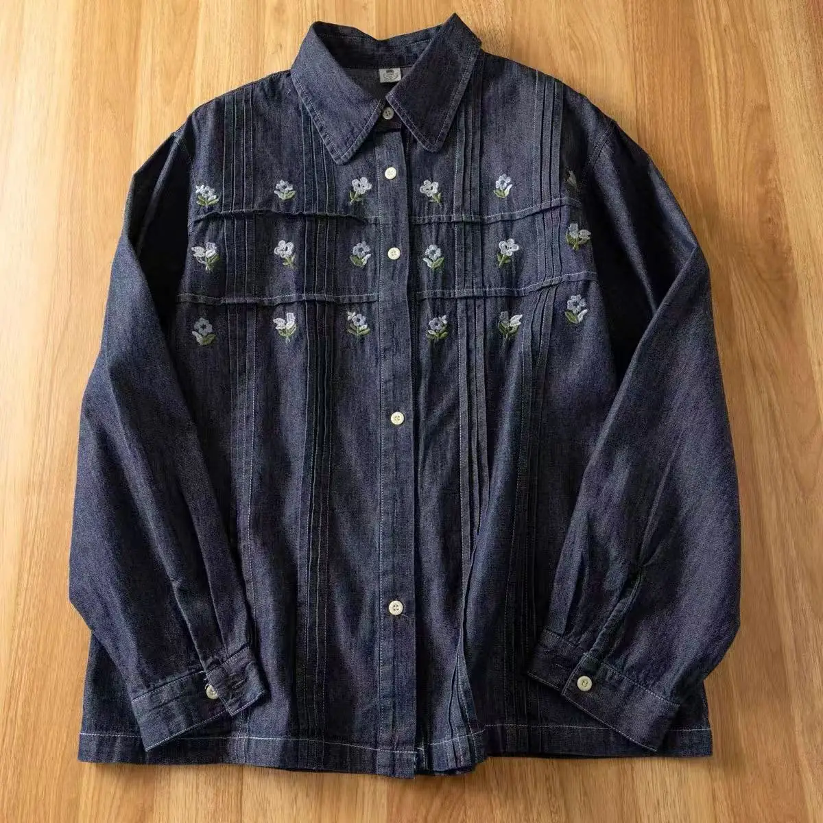 New 2025 Spring Denim Long Sleeve Shirt, Women Lapel Floral Embroidery, Mori Girl Retro Simplicity INS Loose Blouse T53433CC