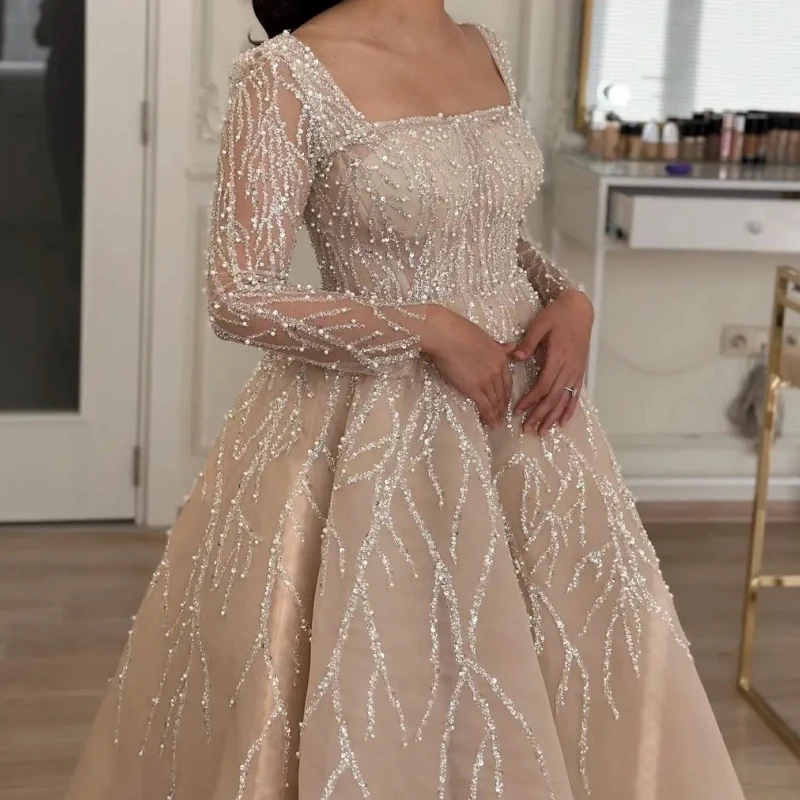 Charming Long Sleeve Evening Dresses Square Neck Sequin A Line Tea Length Women Formal Occasion Dress Mother Wedding Party Gown