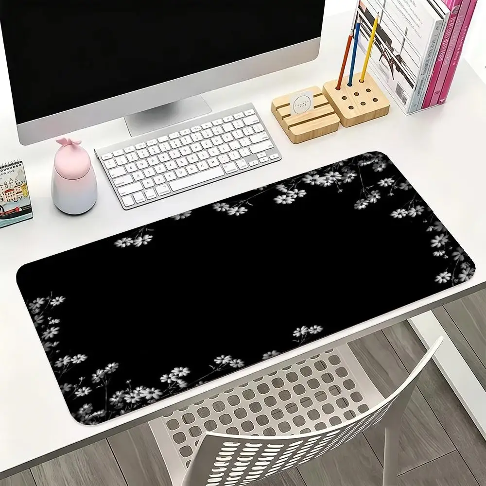 Mouse Pads Minimal Black Background Delicate White Cherry Blossom Border Anime Playmat Large Size For Bedroom Office Desktop Mat