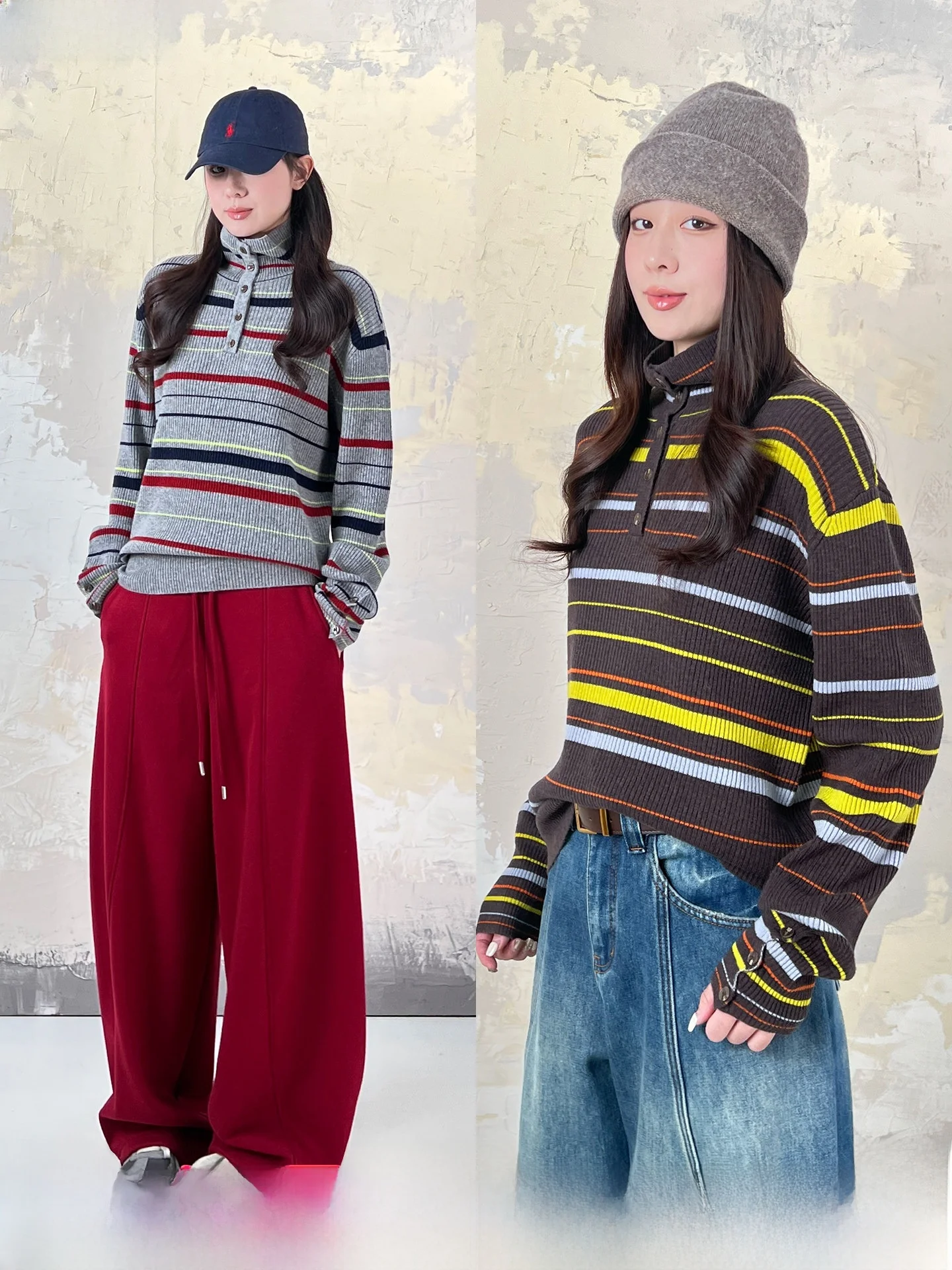 

Slim Fit Woolen Knitted irt 270g 00 Wool Winter New Sle Button Stand Collar Striped Women's Faionable Versatile Top