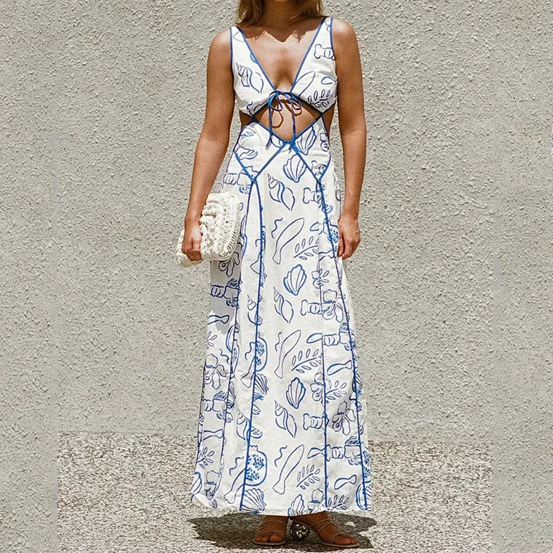 Elegant Dress for Women Streetwear Print Casual Vacation V-neck Print Bikini Y2k Skirt Lace Up Hollow Backless Maxi Dresses