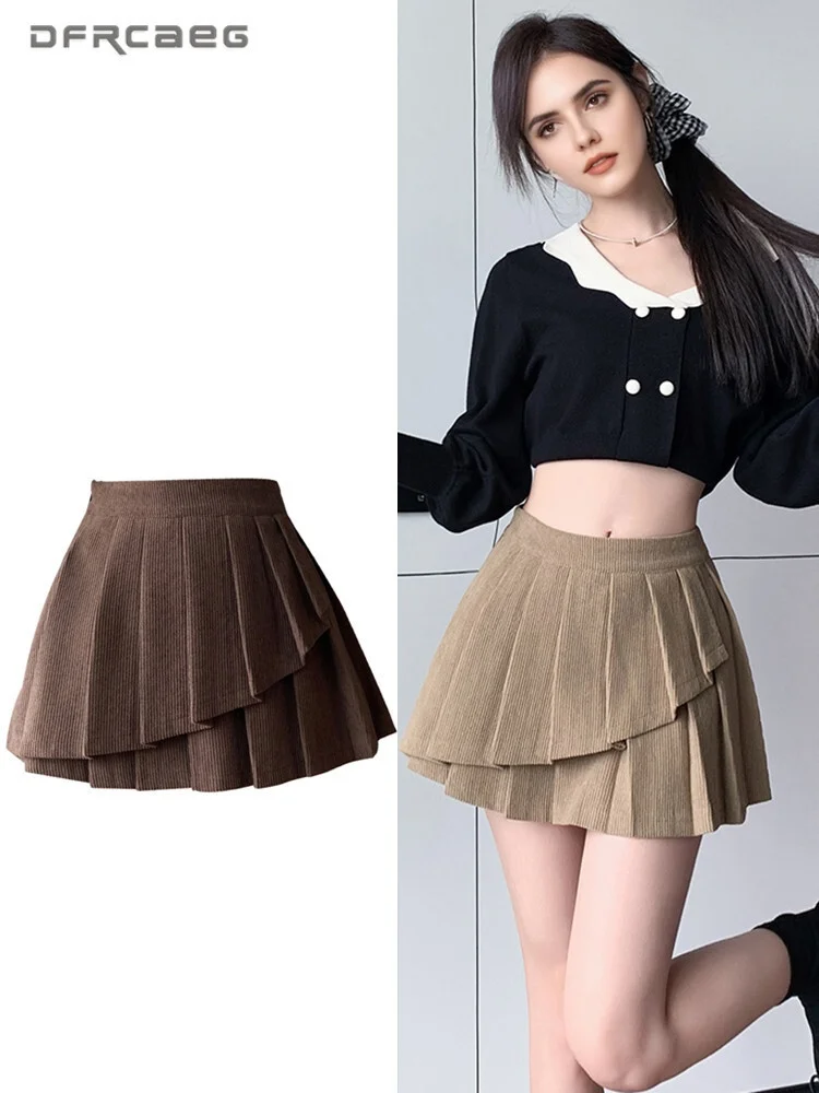 

Корейский стиль, вельветовая короткая юбка в стиле ретро для женщин, осень-зима, повседневные шикарные асимметричные плиссированные юбки Y2k, женские