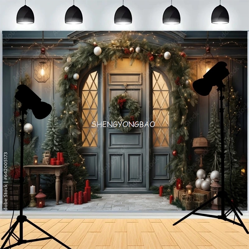 

Christmas Day Wreach Snowflake Photography Backdrops Front Door Winter New Year Cottage Living Room Decoration Background DD-08