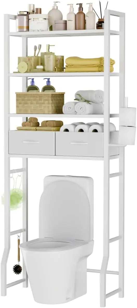 

4-Tier Over-The-Toilet Storage with Drawers, Heavy-Duty Metal Bathroom Organizer for Laundry, White