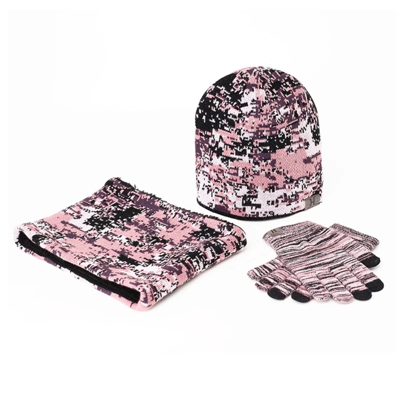 New Men Women Winter 3Pcs Camouflage Knit Beanie Hat Scarf for Touch Screen Gloves Set Thick Plush Lining Skull Neck