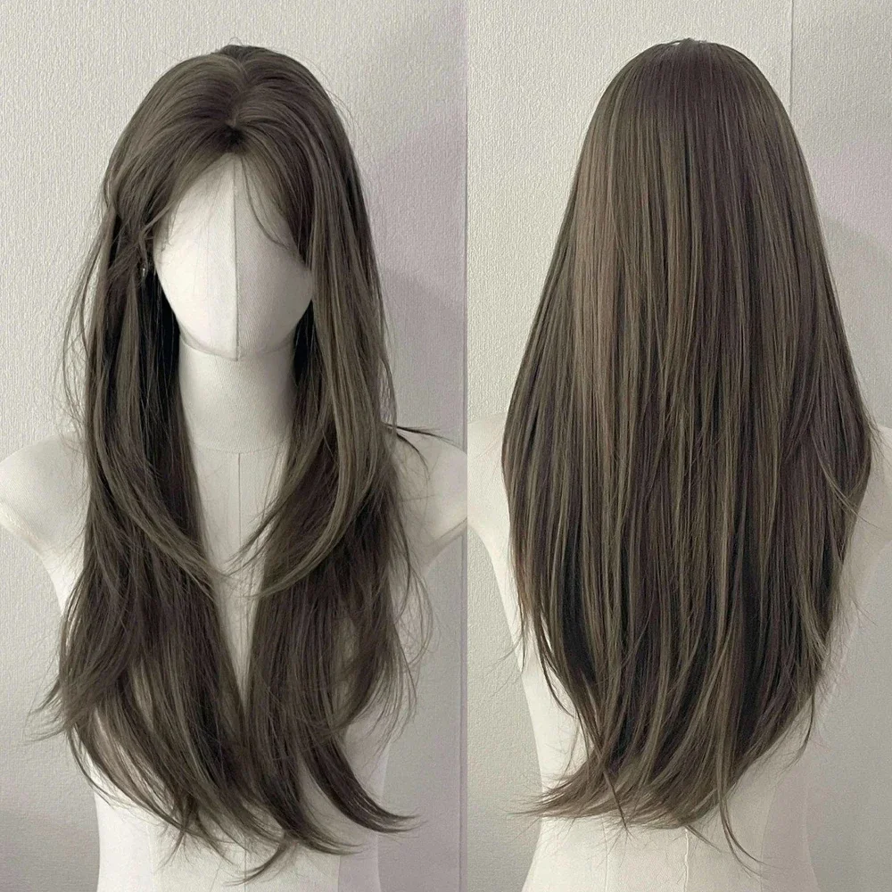 رمادي براون الاصطناعية شعر مستعار طويل مستقيم لوليتا تأثيري رقيق المرأة شعر مستعار مقاومة للحرارة شعر مستعار للحزب اليومي #1