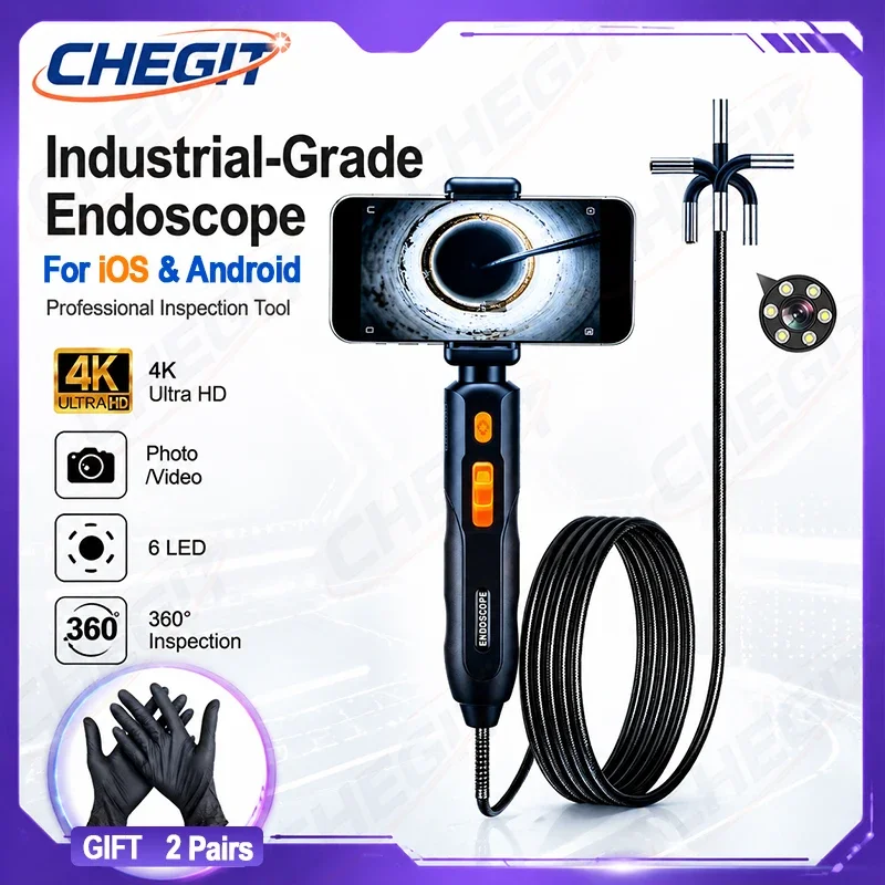 

360° 4K UHD Endoscope Camera Articulating Borescope with Light Waterproof IP67 Endoscope For Android/iOS Phone Auto repair