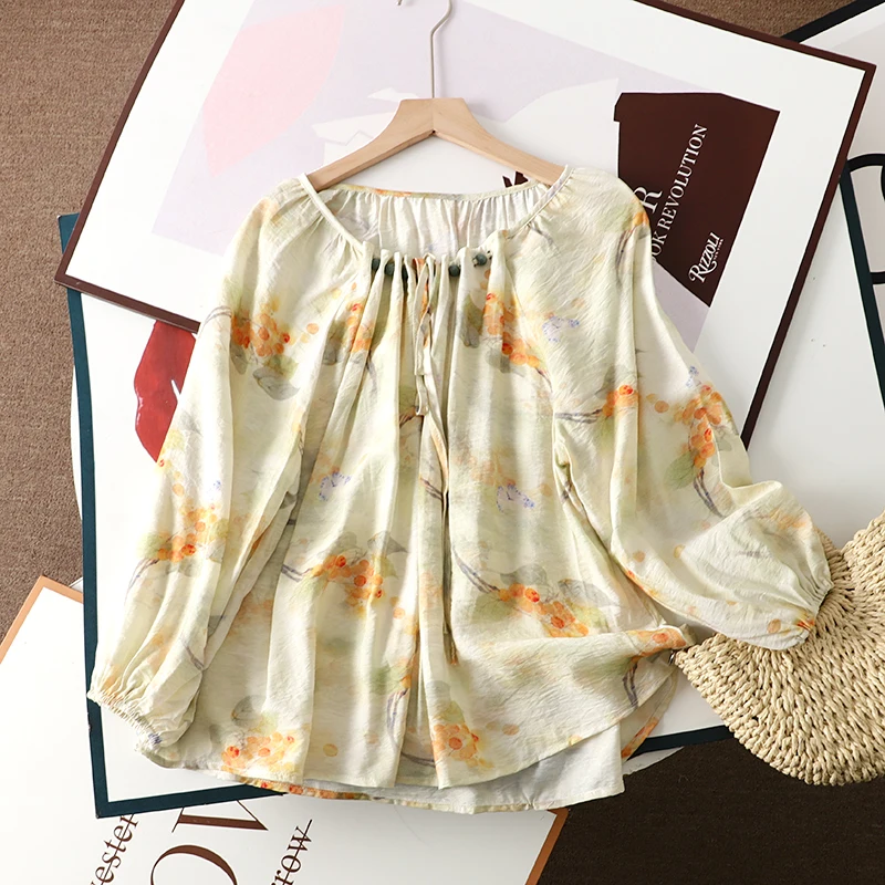 Spring and Summer Chinese National Style Printing Long-sleeved Casual Shirt Loose Drawstring Tie Round Neck Lantern Sleeve Shirt