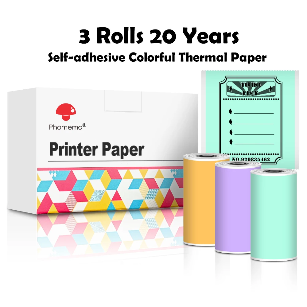 Phomemo Coloful Sticker Paper for M02X/T02 Printer 20 Years Black on Green/Purple/Orange Sticky Paper 50mm x3.5m, Totall 3 Rolls