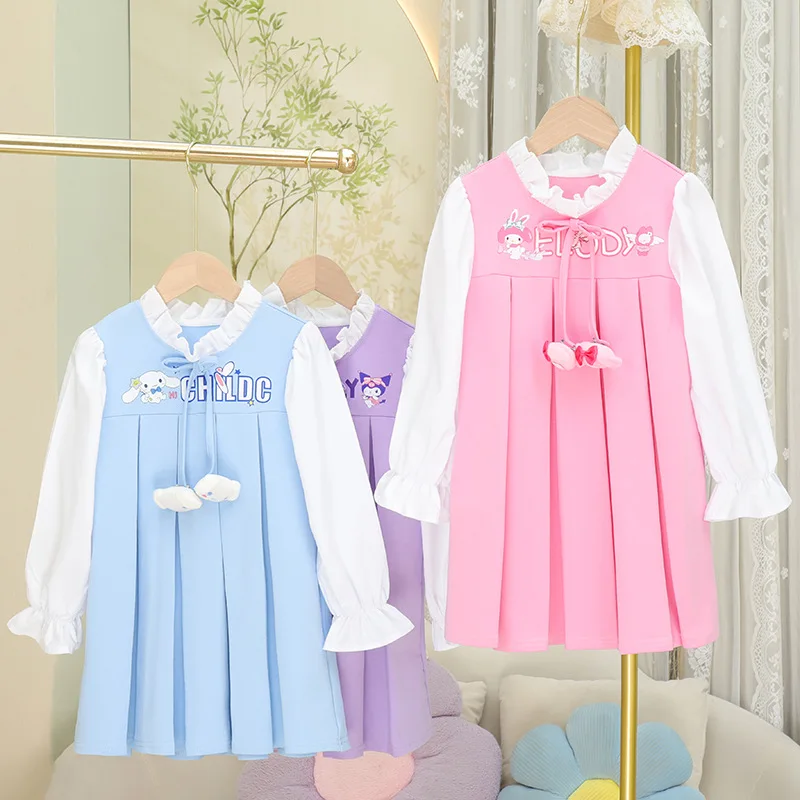 

2024New Spring Autumn Sanrio Kawaii Anime Kuromi Children Dresses Cute Sweet Cartoon Long-Sleeved Dress Lovely Gifts for Girls