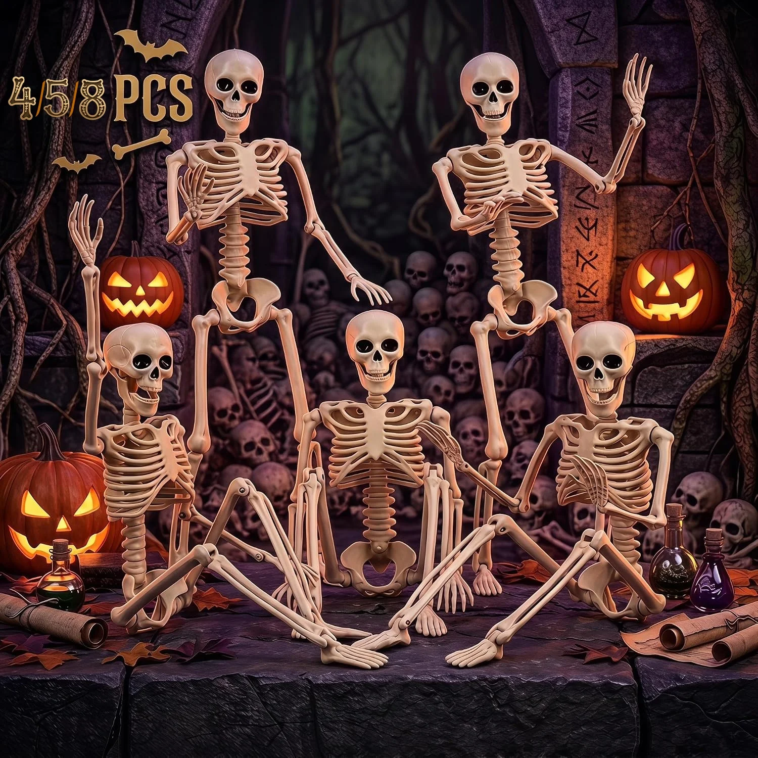 4-8PCS Small Skeleton Decor Skeleton Halloween Decoration Outdoors 16in Body Po…