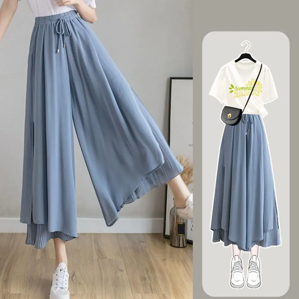 

Women Pants Culottes Elastic Wide Leg Irregular Hem Double Layers Korean Trousers Summer Casual Loose Pleated Pants High Waist S