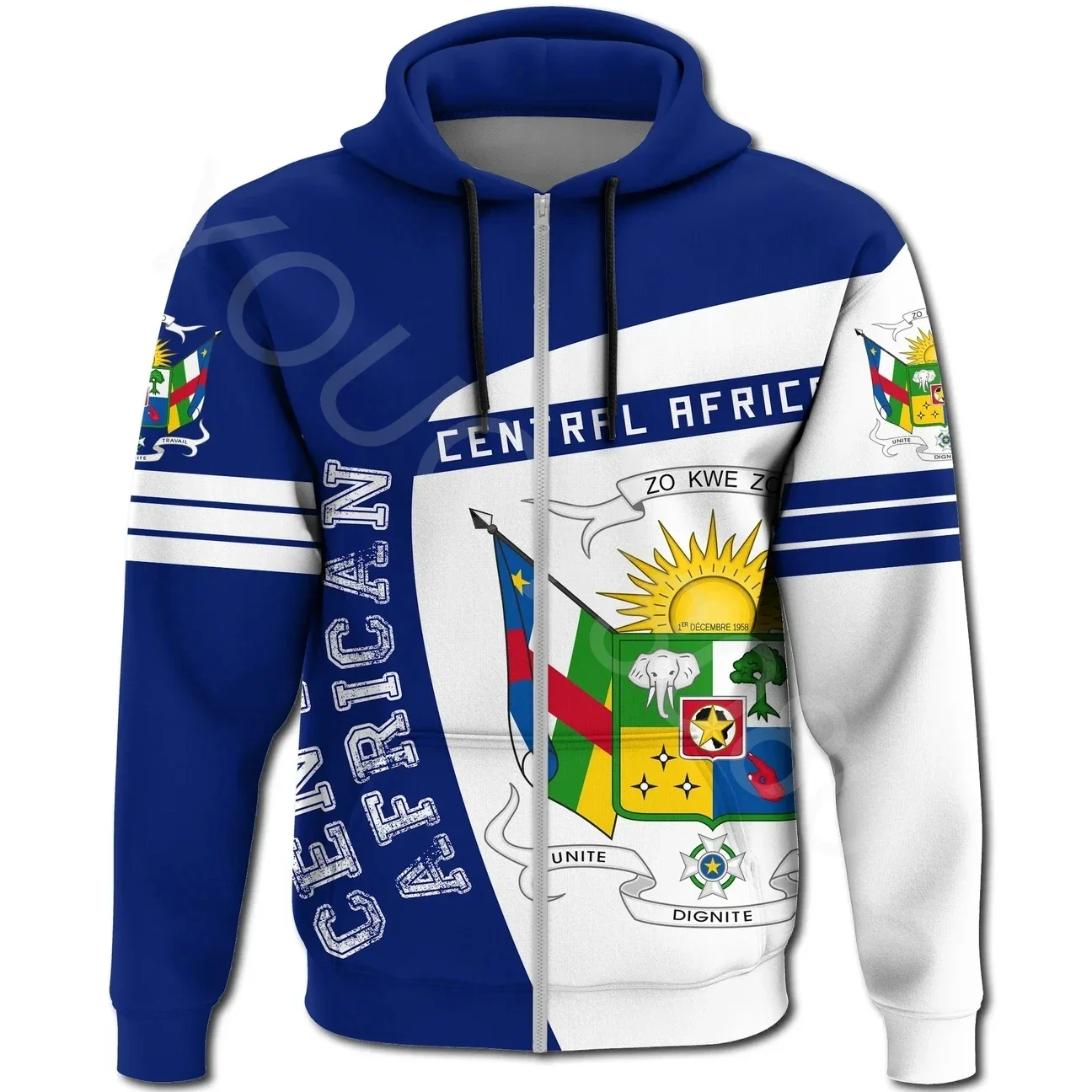 Africa Zone Clothing Men's Casual Fashion Hair Over Style Printed Zip-Up Hoodie - Central African Republic Zip-Up Hoodie