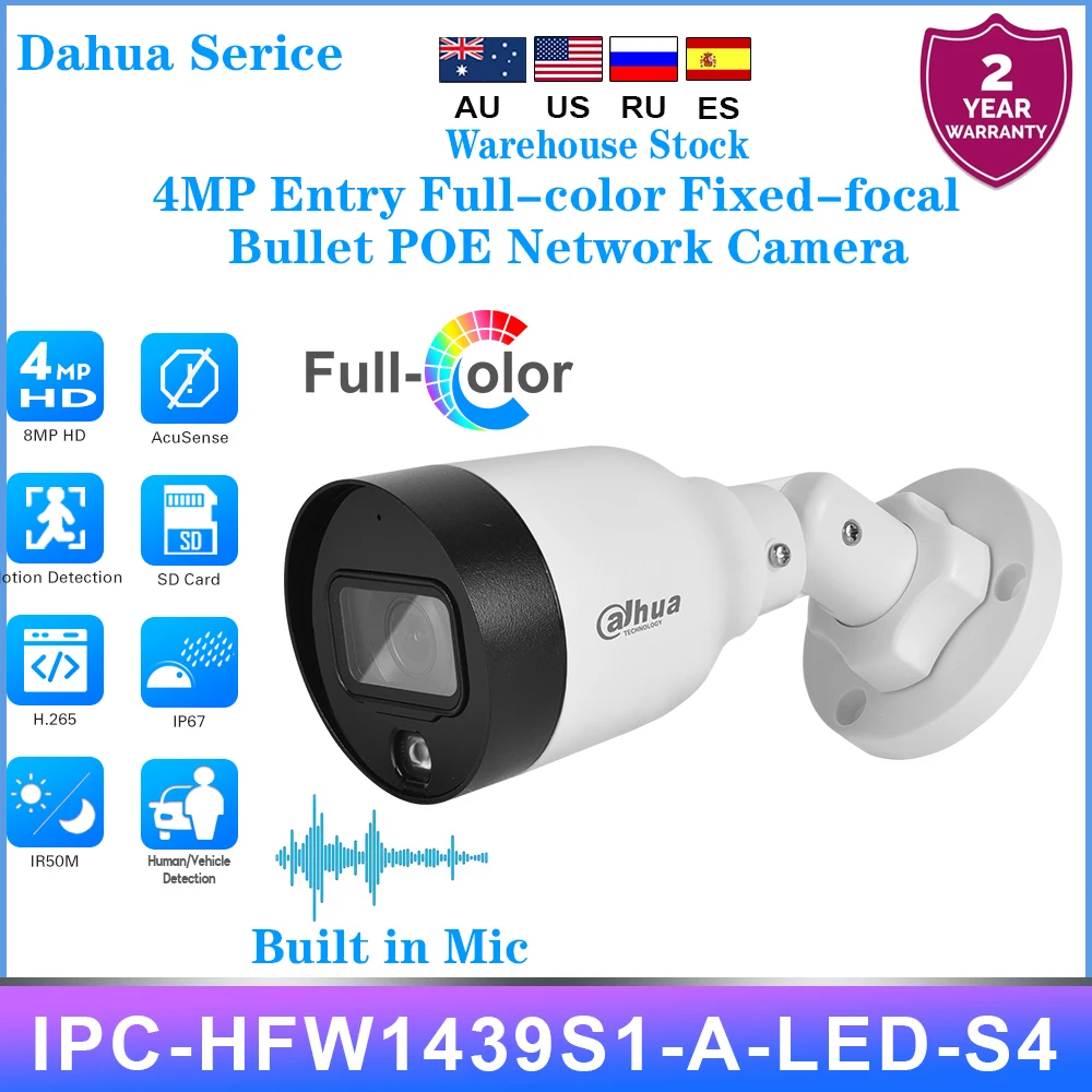 Dahua Serice IPC-HFW1439S1-A-LED-S4 4MP POE IP67 WDR Built-in Mic Entry Full-color Onvif H.265+ Bullet Network Camera