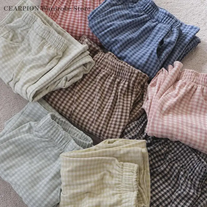 

Autumn Winter Velvet Sleeping Pants Simple Checkered Pajamas Warm Long Home Pant Women's Loose Casual Straight Leg Sleep Bottoms