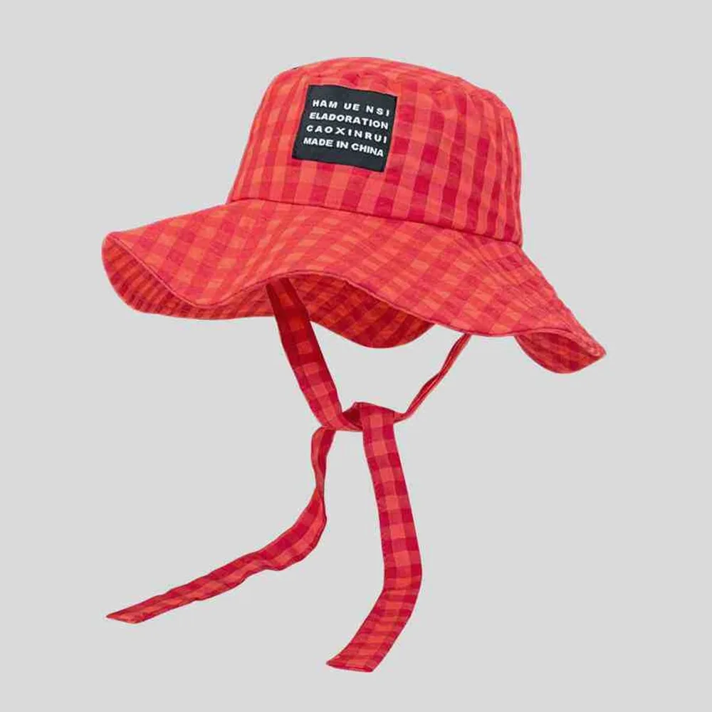 

Breathable Sun Protection Hiking Fisherman Hat Lace Up Small Lattice Plaid Hiking Cap Sunshade Big Brim Bucket Hat Summer