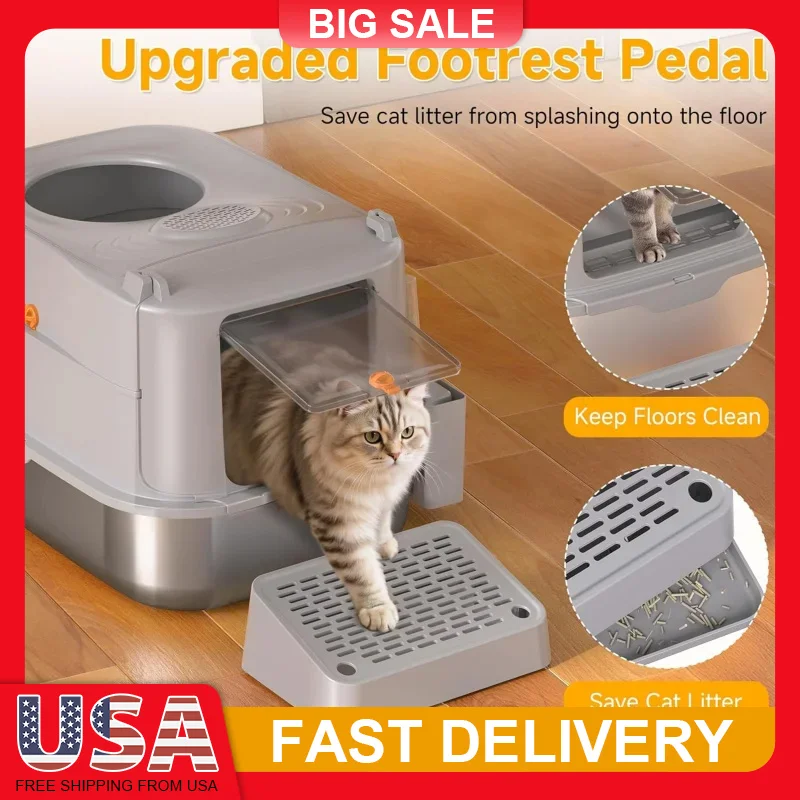 

Stainless Steel Cat Litter Box Extra Large with Lid 180 ° Flip Cover Leak Proof High Sided Enclosed Top Entry Non Stick for Ca