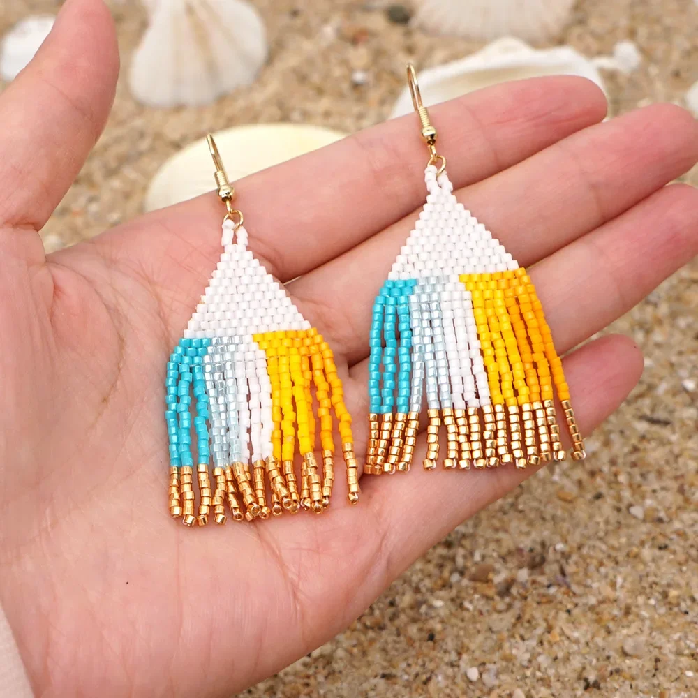 Rice Bead Earrings  Hand knitting  trend  Versatile  Beading  Simple  Bohemia  geometry  alloy  ma'am  Fringe Earrings