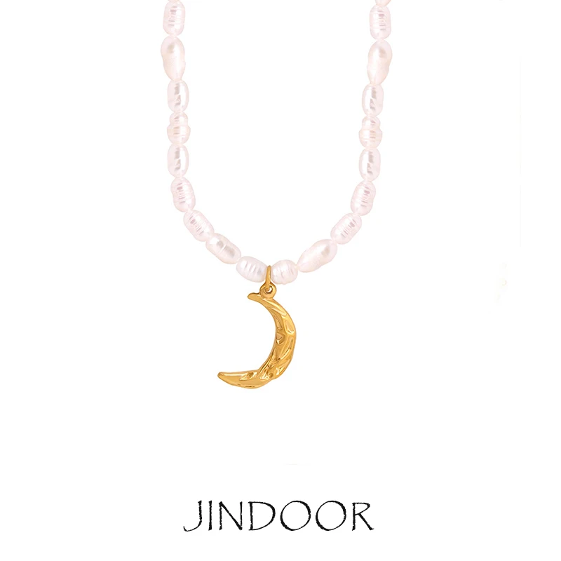 JINDOOR Y2K Style Moon Pendant Necklace, Wrinkled Texture, Freshwater Pearl & Titanium Steel, Unique Romantic Jewelry for Women