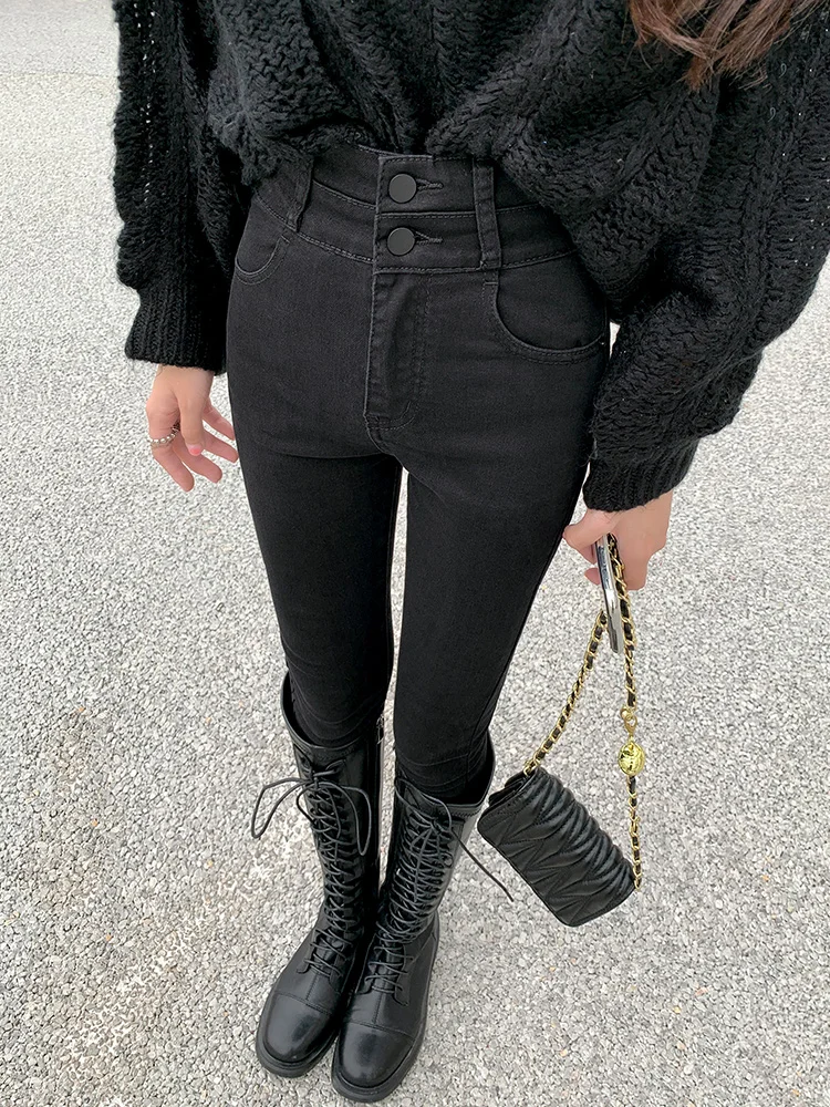 Black High-Waisted Fleece Lined Jeans Women's Slim Fit Tight Leggings Pencil Pants Elegant Style Cotton Stretch Denim