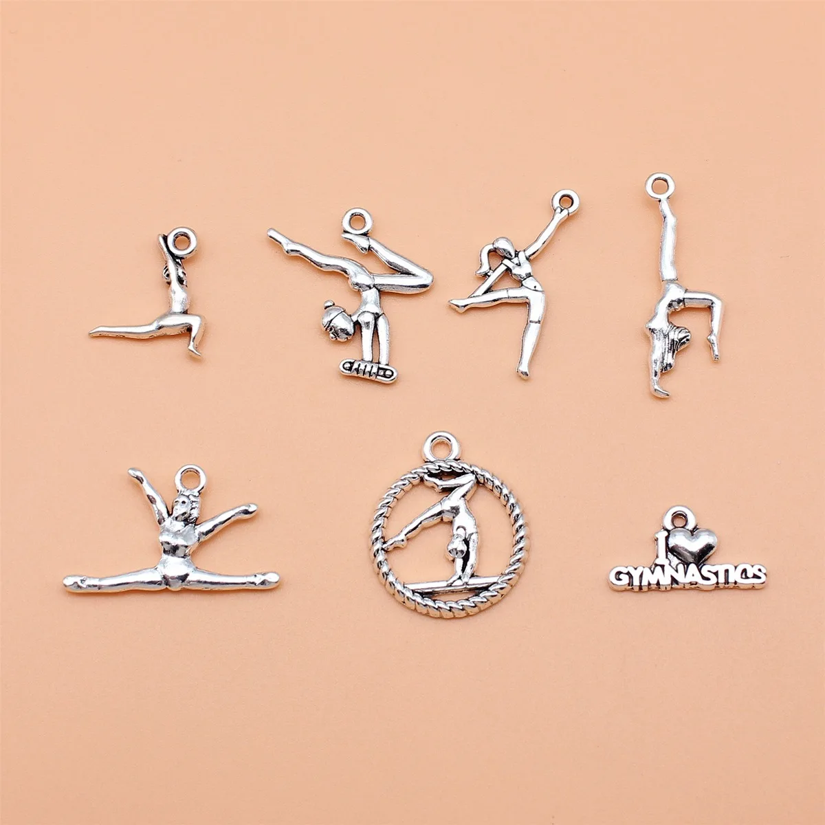 7pcs Antique Silver Color Gymnastics Charms Collection For DIY Jewelry Making, 7 Styles, 1 of Each