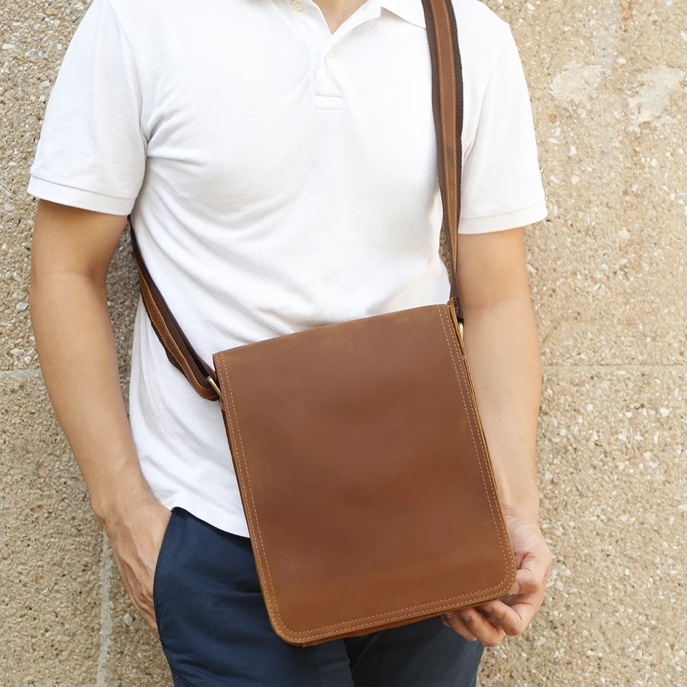 Bolso cruzado de cuero Crazy Horse para hombre, bandolera de gran capacidad con solapa de cuero genuino, versátil, Retro