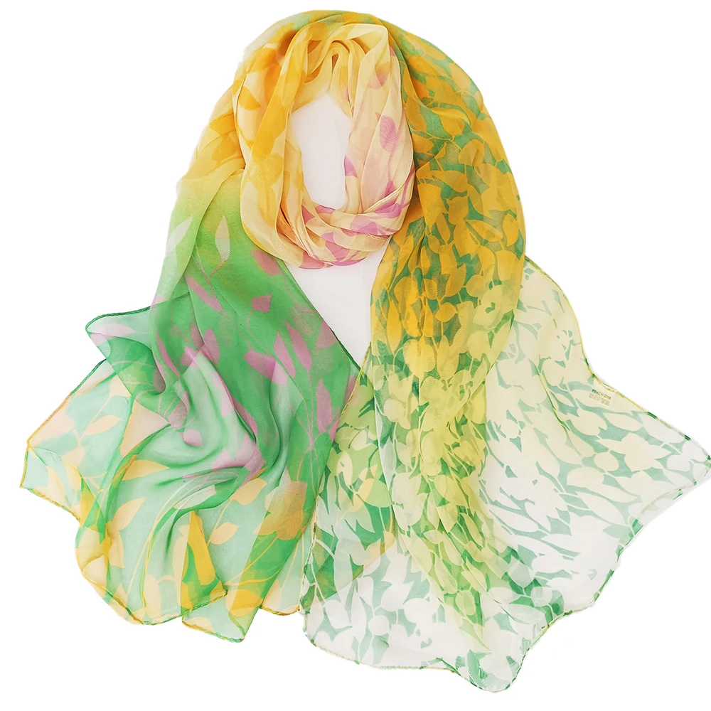 

New Fashion Leaves Silky Georgette Chiffon Scarf Women Long Thin and Soft Wrap Scarf Shawl Beach Kerchief Scarves Female Foulard