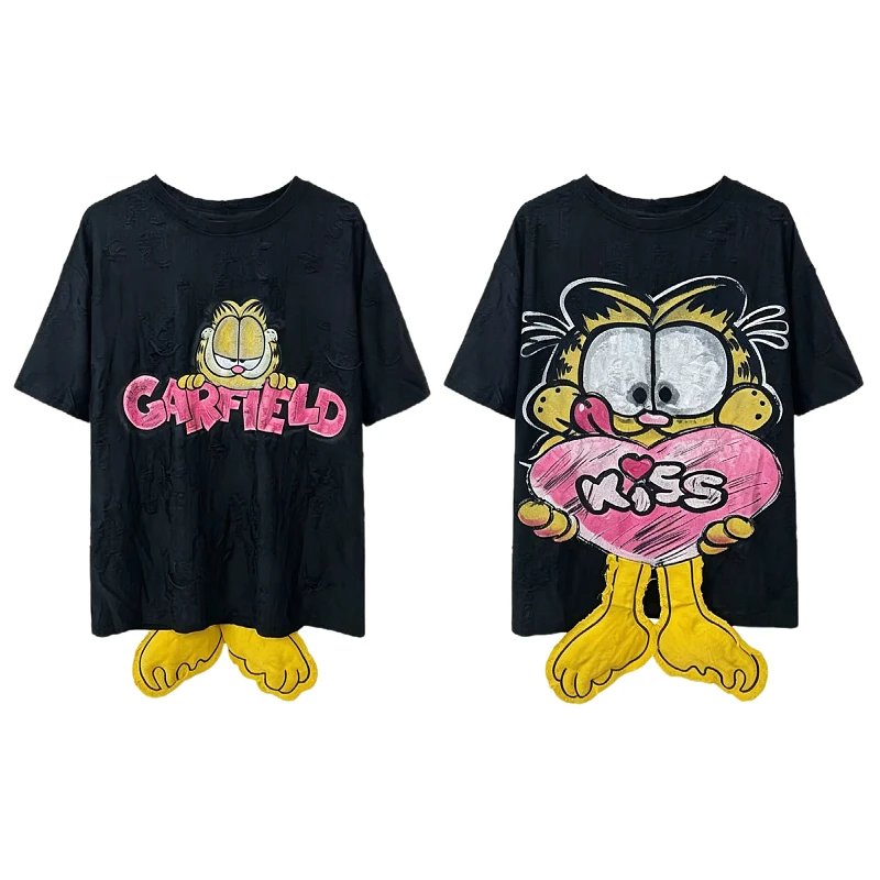 

Garfield cartoon cute 3D embroidery short-sleeve kawaii girls American retro distressed T-shirt anime merchandise wholesale