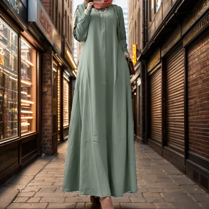 2025 New Cross Border Middle East Muslim Casual Loose Fit Foreign Trade Large Size Women's Solid Color Long Sleeved Robe Dress