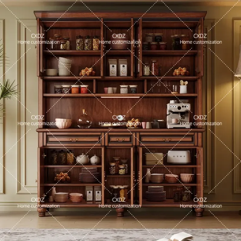 American Retro Solid Wood Dining Side Cabinet Wall Mounted Kitchen Storage Unit Mahogany Wine Rack Cupboard Home Organization