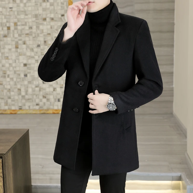

Men's Mid-Length Woolen Coat Faionable Korean Sle Suit Collar Camere Slim Fit Casual Outerwear Long Sve Busin Casual
