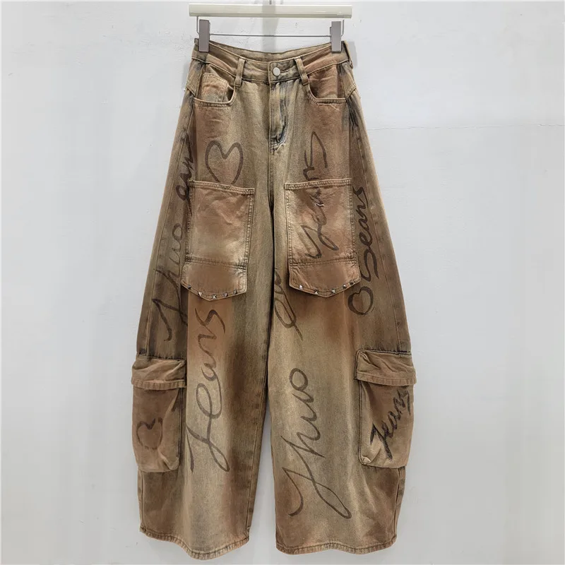 WTHT Vintage Women Irregular Letter Print Big Pocket Denim Pants Summer 2026 Trendy Washed High-waist Jeans Female 1LS3106