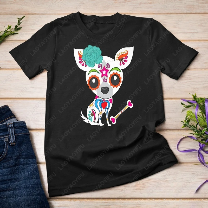Mexican Sugar Skull Chihuahua Premium Men Women Tshirt Novelty Lovely Fashion Summer Short Sleev Cotton Tees Unisex Adult Tops