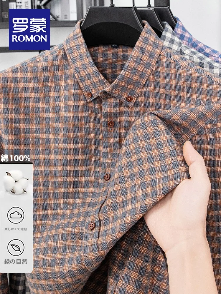 

Rn Pure Cotton Plaid irt Men's Casual Long Sve Busin Casual Spring Autumn Trendy Clothing Comfortable Breathable