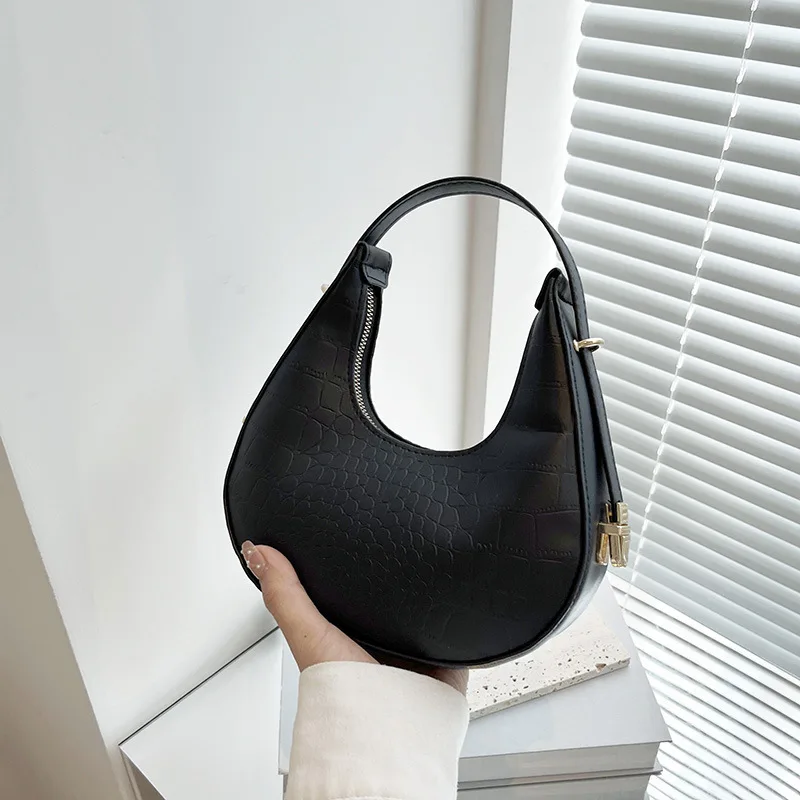 Half Moon Bag Vintage PU Leather Small Handbag Luxury Brands Women Shoulder Bags Retro Black Ladies Armpit Purses Girls Totes