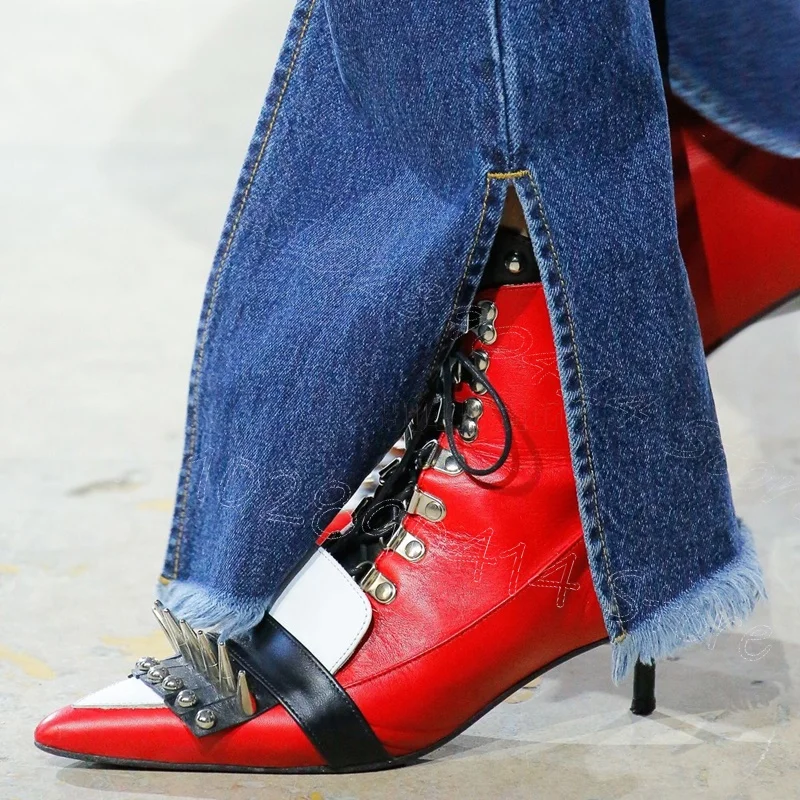 أحذية نسائية فضية ذات مسامير حمراء مرقعة بمقدمة مدببة أحذية نسائية رفيعة بكعب عالي للحفلات والعيد 2025 Zapatos Para Mujere #5