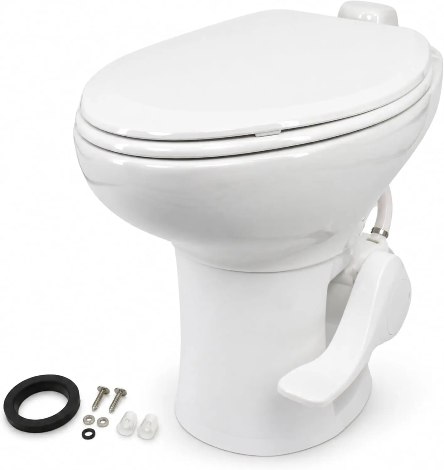 Porcelain RV Toilet with Elongated Bowl, 19” Residential Height, Gravity Flush, Foot Pedal Flush, Soft Close Seat, Easy Install,