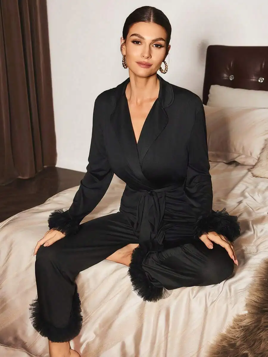 

Women's Satin Wrap Pajama Set with Feather Trim, V-Neck Long Sleeve